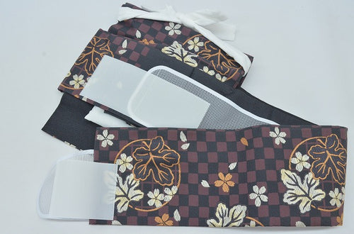 Vintage Japanese Kimono Accessories | Pre-tied Fukuro Obi | Silk | Gray Purple | Maru-ni-ha Pattern | Nijuu-taiko | Sustainable | kkb1801b