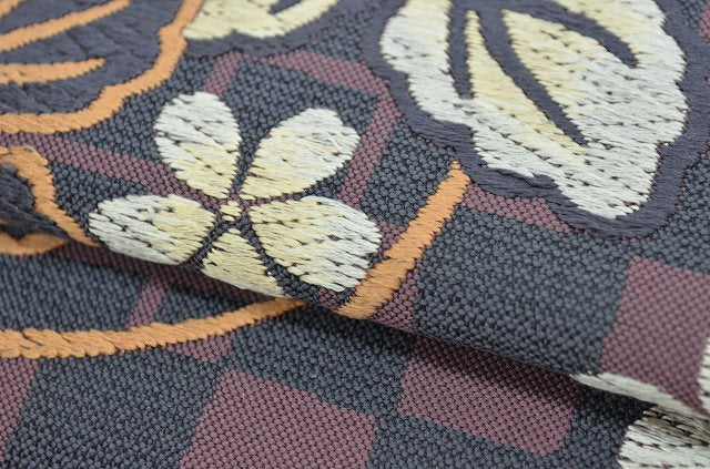 Vintage Japanese Kimono Accessories | Pre-tied Fukuro Obi | Silk | Gray Purple | Maru-ni-ha Pattern | Nijuu-taiko | Sustainable | kkb1801b