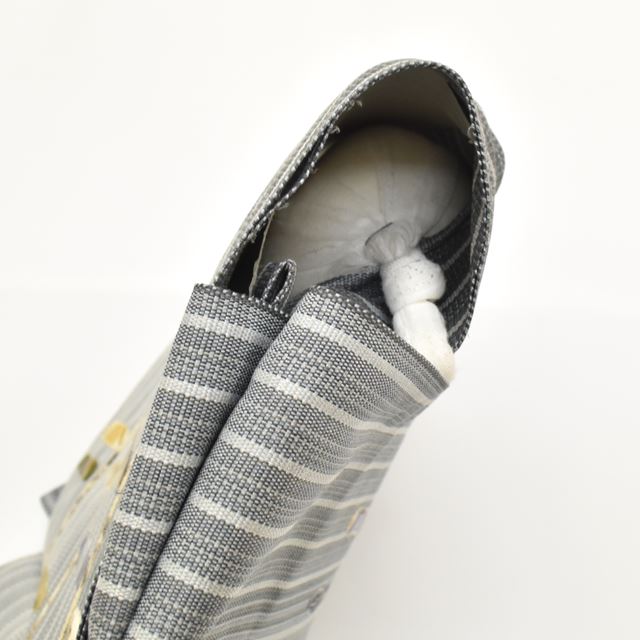 Vintage Japanese Kimono Accessories | Pre-tied Nagoya Obi | Silk | Gray | Stripe Patchwork | Otaiko | Sustainable | kkb3004b