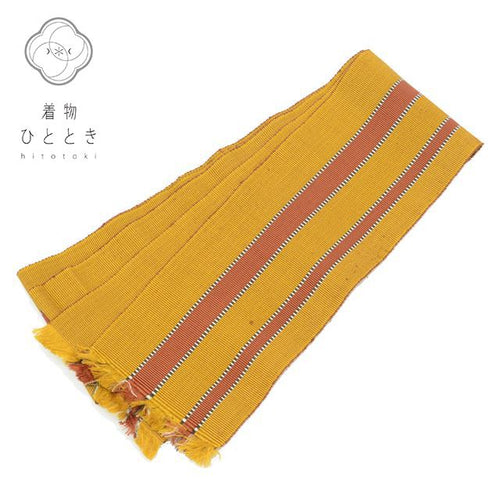 【中古】 半幅帯 正絹 リサイクル半幅帯 仕立て上がり 茶色系 縞文様 黄八丈 半巾帯 kkb3064b [ 和服 カジュアル着物 アウトレット レトロ アンティーク プチプラ お洒落 普段着 お稽古 アウトレット きもの kimono ]