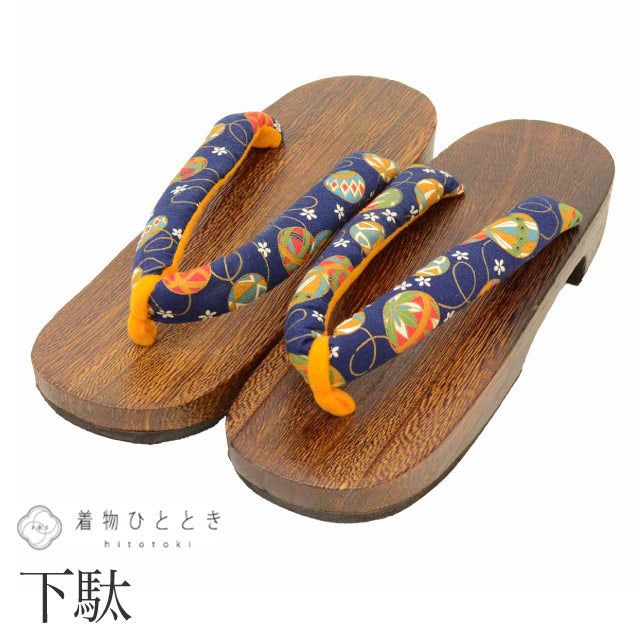 【中古】 下駄 24.5cm リサイクル下駄 木製 まり文様 紺色系 浴衣 カジュアル 着物 レディース kkb3922b