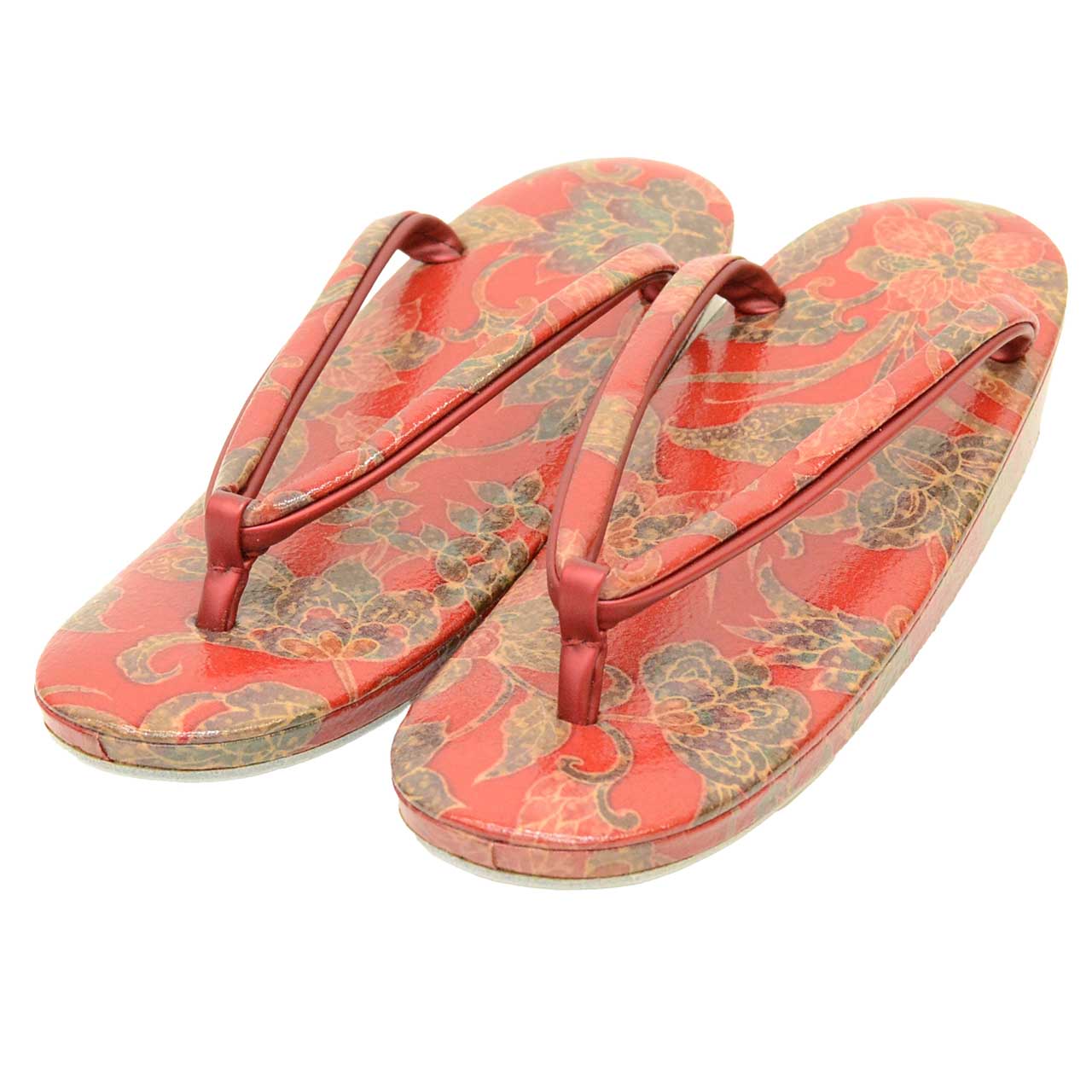 Vintage Japanese Kimono Accessories | Zori Sandals | Red | Floral Arabesque | Synthetic Leather | 1-layer Sole | Sustainable | kkb3995b