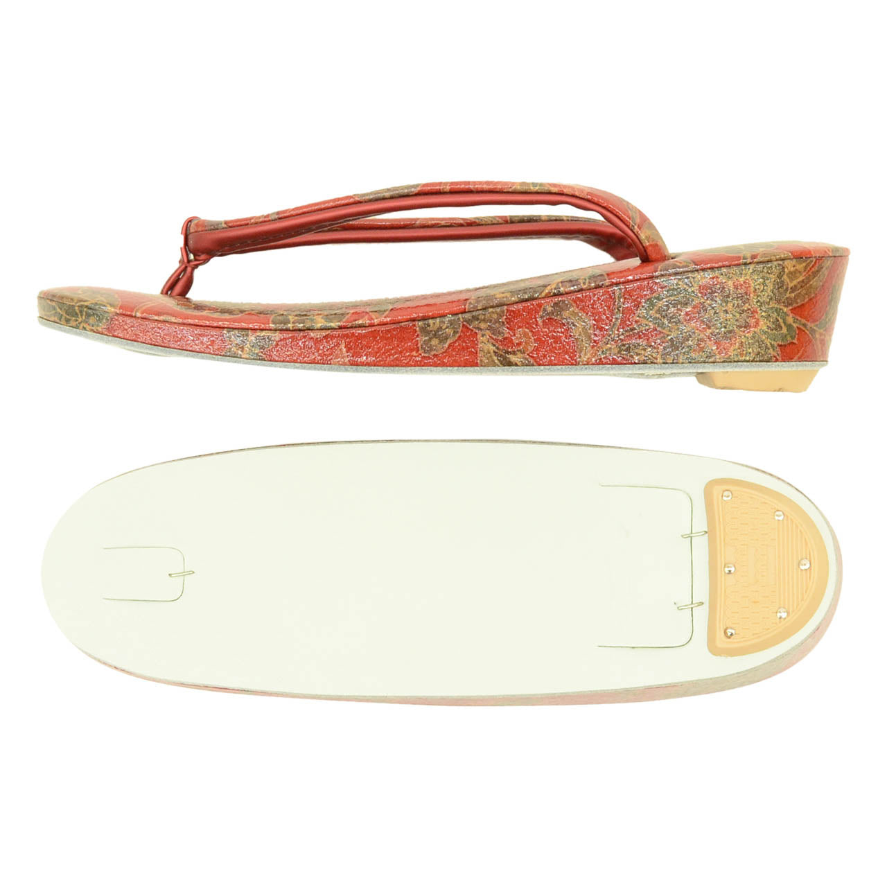 Vintage Japanese Kimono Accessories | Zori Sandals | Red | Floral Arabesque | Synthetic Leather | 1-layer Sole | Sustainable | kkb3995b