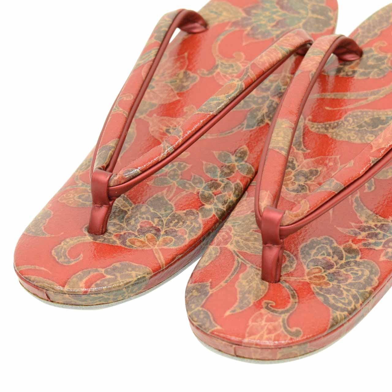 Vintage Japanese Kimono Accessories | Zori Sandals | Red | Floral Arabesque | Synthetic Leather | 1-layer Sole | Sustainable | kkb3995b