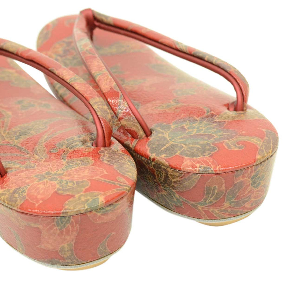 Vintage Japanese Kimono Accessories | Zori Sandals | Red | Floral Arabesque | Synthetic Leather | 1-layer Sole | Sustainable | kkb3995b