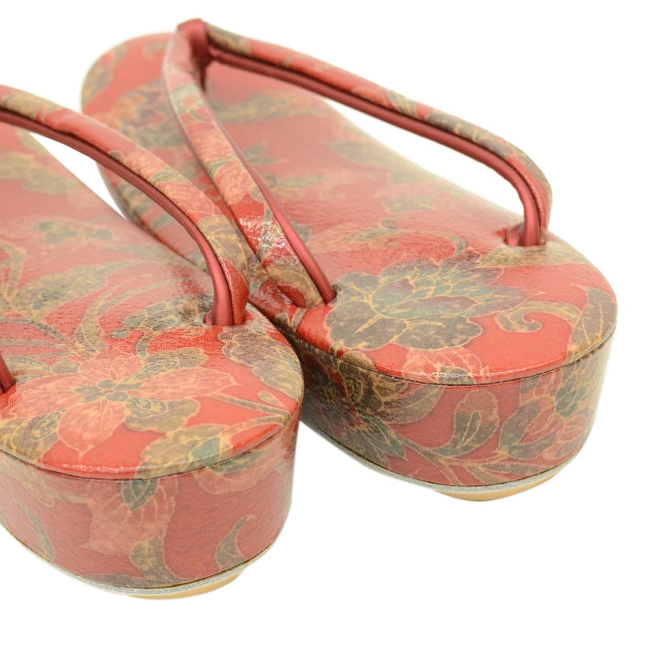 Vintage Japanese Kimono Accessories | Zori Sandals | Red | Floral Arabesque | Synthetic Leather | 1-layer Sole | Sustainable | kkb3995b