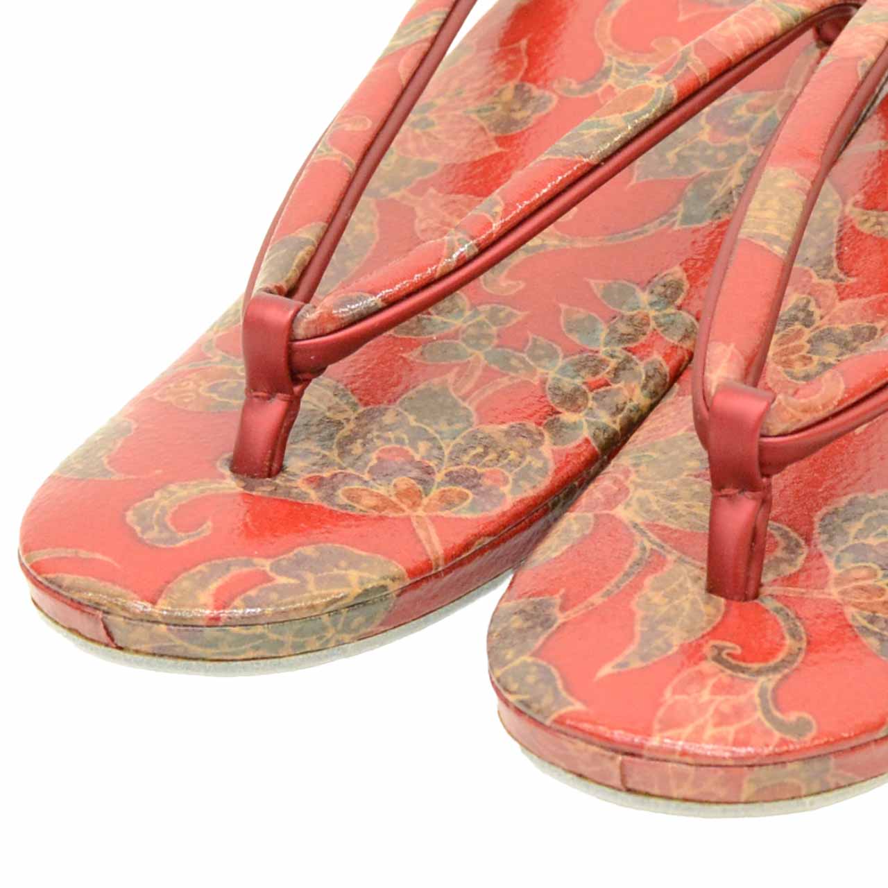 Vintage Japanese Kimono Accessories | Zori Sandals | Red | Floral Arabesque | Synthetic Leather | 1-layer Sole | Sustainable | kkb3995b