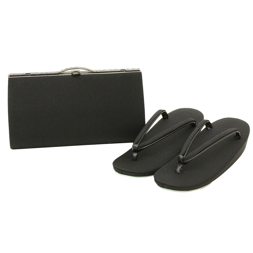 Vintage Japanese Kimono Accessories | Zori & Bag Set | Black | Mourning | 1-layer Sole | Unused | Clutch | 23.5cm | Sustainable | kkb4002b