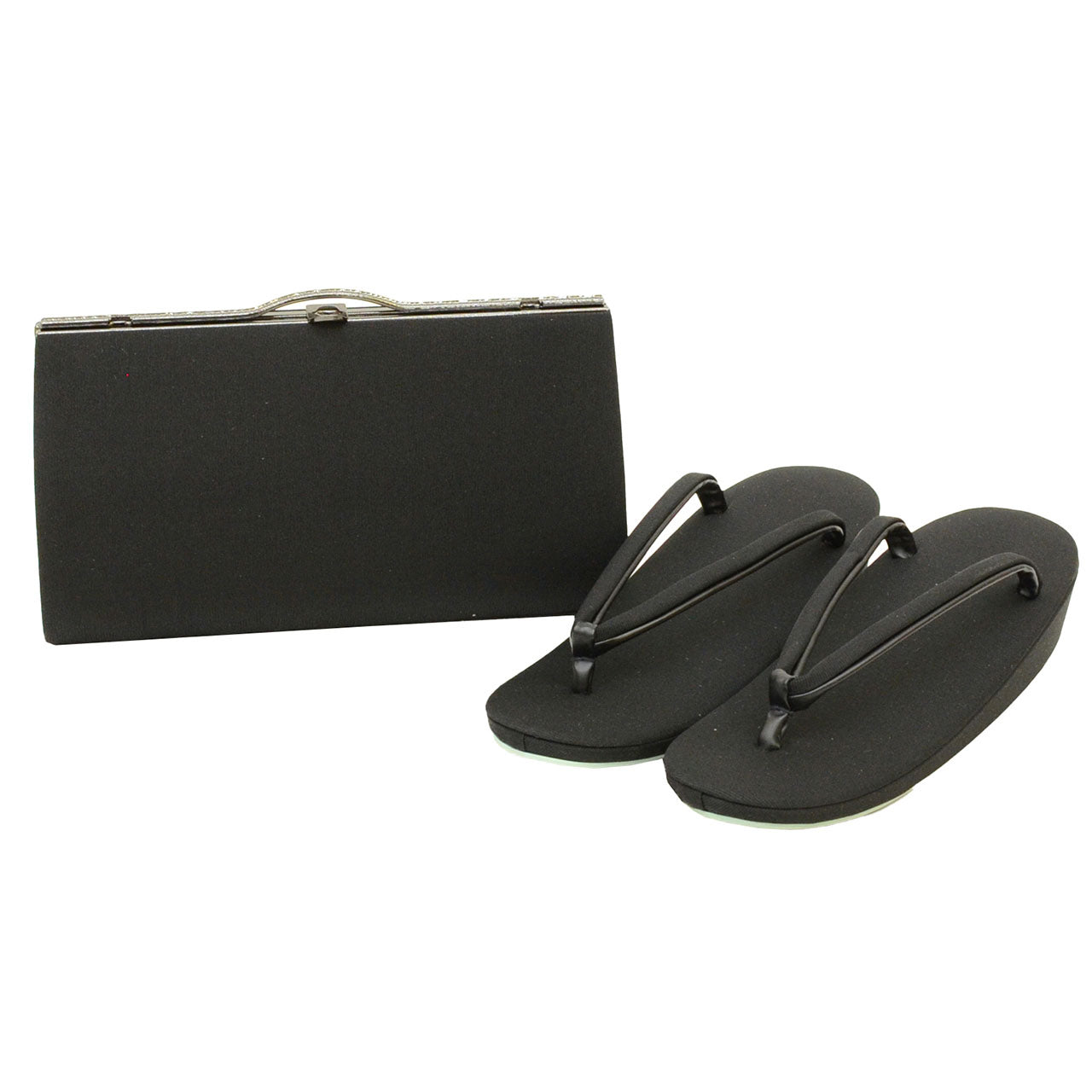 Vintage Japanese Kimono Accessories | Zori & Bag Set | Black | Mourning | 1-layer Sole | Unused | Clutch | 23.5cm | Sustainable | kkb4002b