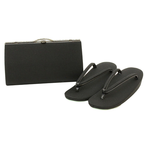Vintage Japanese Kimono Accessories | Zori & Bag Set | Black | Mourning | 1-layer Sole | Unused | Clutch | 23.5cm | Sustainable | kkb4002b