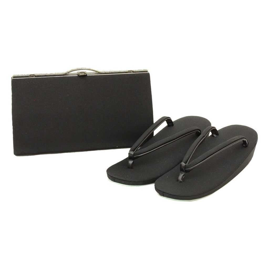 Vintage Japanese Kimono Accessories | Zori & Bag Set | Black | Mourning | 1-layer Sole | Unused | Clutch | 23.5cm | Sustainable | kkb4002b