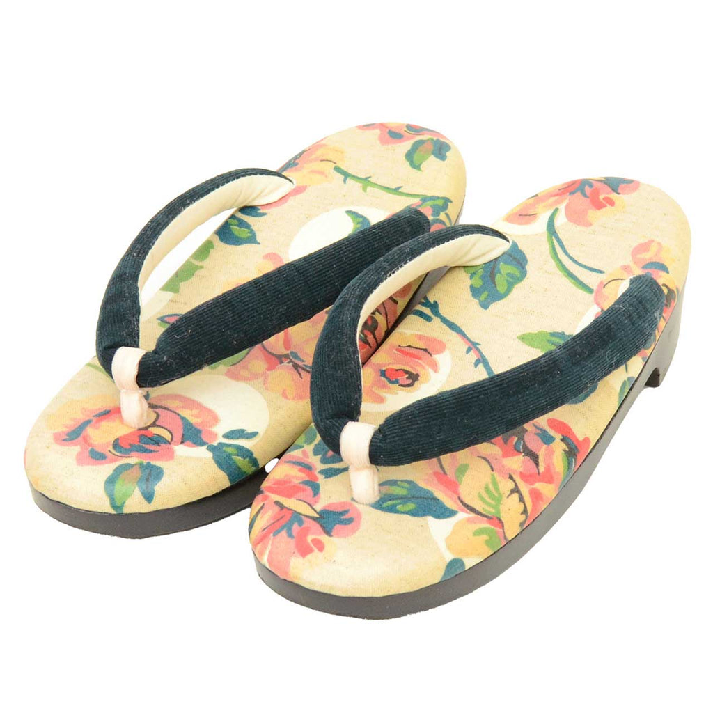Vintage Japanese Kimono Accessories | Zori Sandals | Beige | Floral Pattern | Urethane Sole | Casual | 24.0cm | Sustainable | kkb4215b