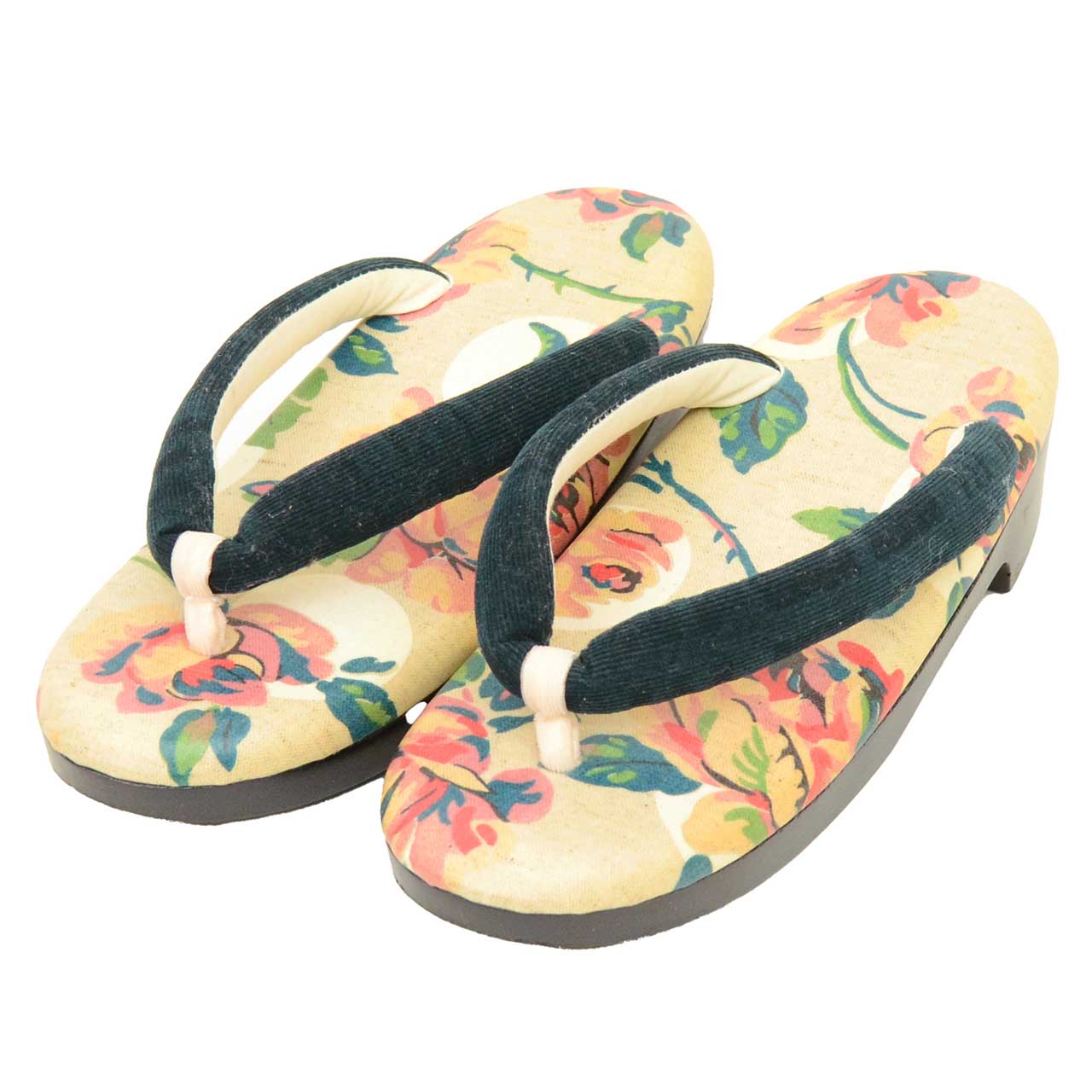 Vintage Japanese Kimono Accessories | Zori Sandals | Beige | Floral Pattern | Urethane Sole | Casual | 24.0cm | Sustainable | kkb4215b