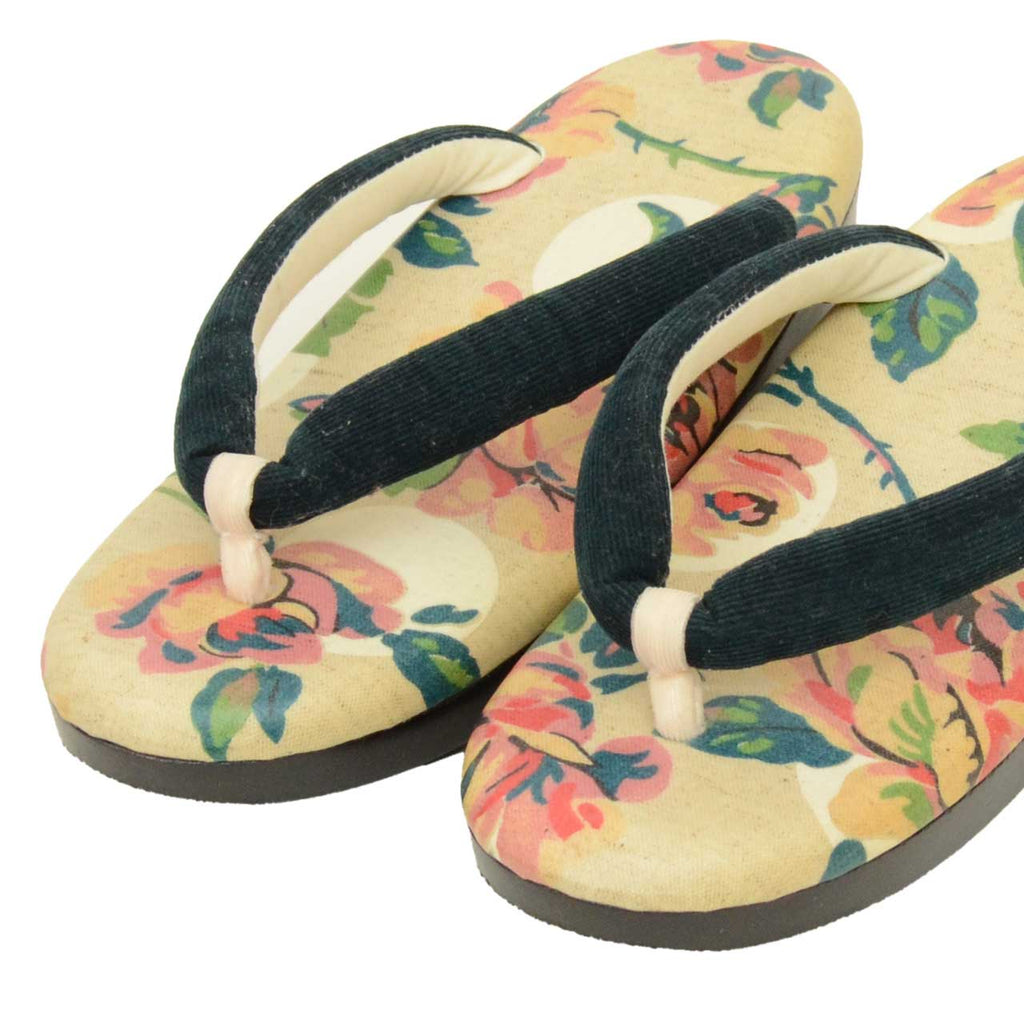 Vintage Japanese Kimono Accessories | Zori Sandals | Beige | Floral Pattern | Urethane Sole | Casual | 24.0cm | Sustainable | kkb4215b
