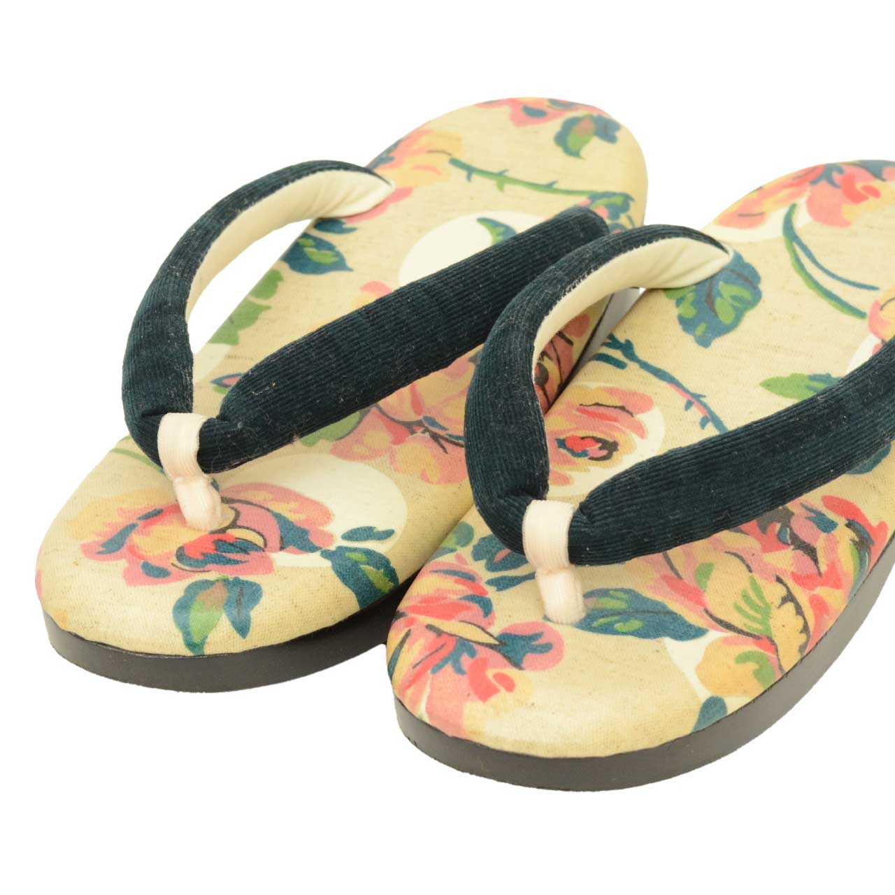 Vintage Japanese Kimono Accessories | Zori Sandals | Beige | Floral Pattern | Urethane Sole | Casual | 24.0cm | Sustainable | kkb4215b
