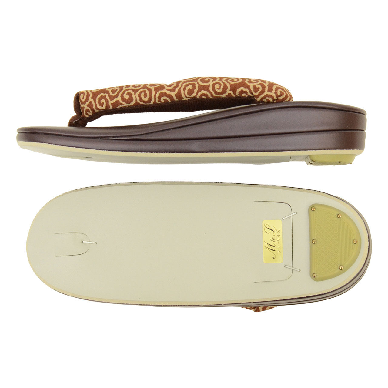 Vintage Japanese Kimono Accessories | Zori Sandals | Brown | Arabesque Pattern | Synthetic Leather | 2-layer Sole | Sustainable | kkb4221b