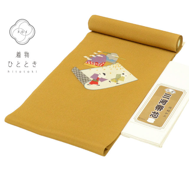 【中古】 反物 2点セット 正絹 リサイクル反物 美品 未使用品 茶色系 風景 人物文様 帯用 女物 着物 生地 和装小物 kkb4271b