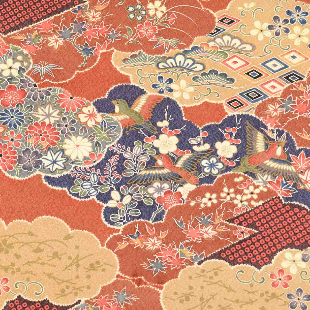 Vintage Japanese Kimono Accessories | Kimono Bolt | Brown Silk | Cloud Floral Bird | Tango Chirimen | Komon | Sustainable | kkb4316b
