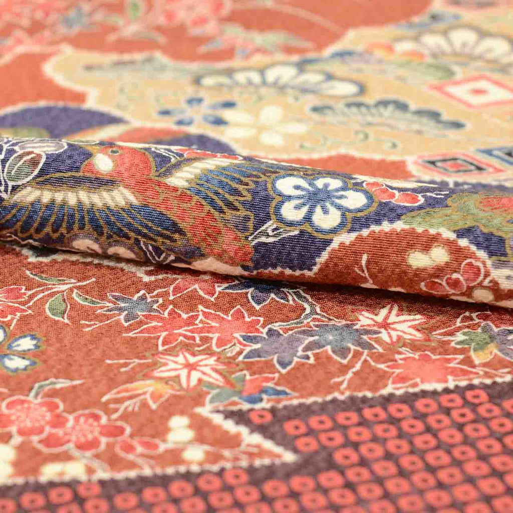 Vintage Japanese Kimono Accessories | Kimono Bolt | Brown Silk | Cloud Floral Bird | Tango Chirimen | Komon | Sustainable | kkb4316b