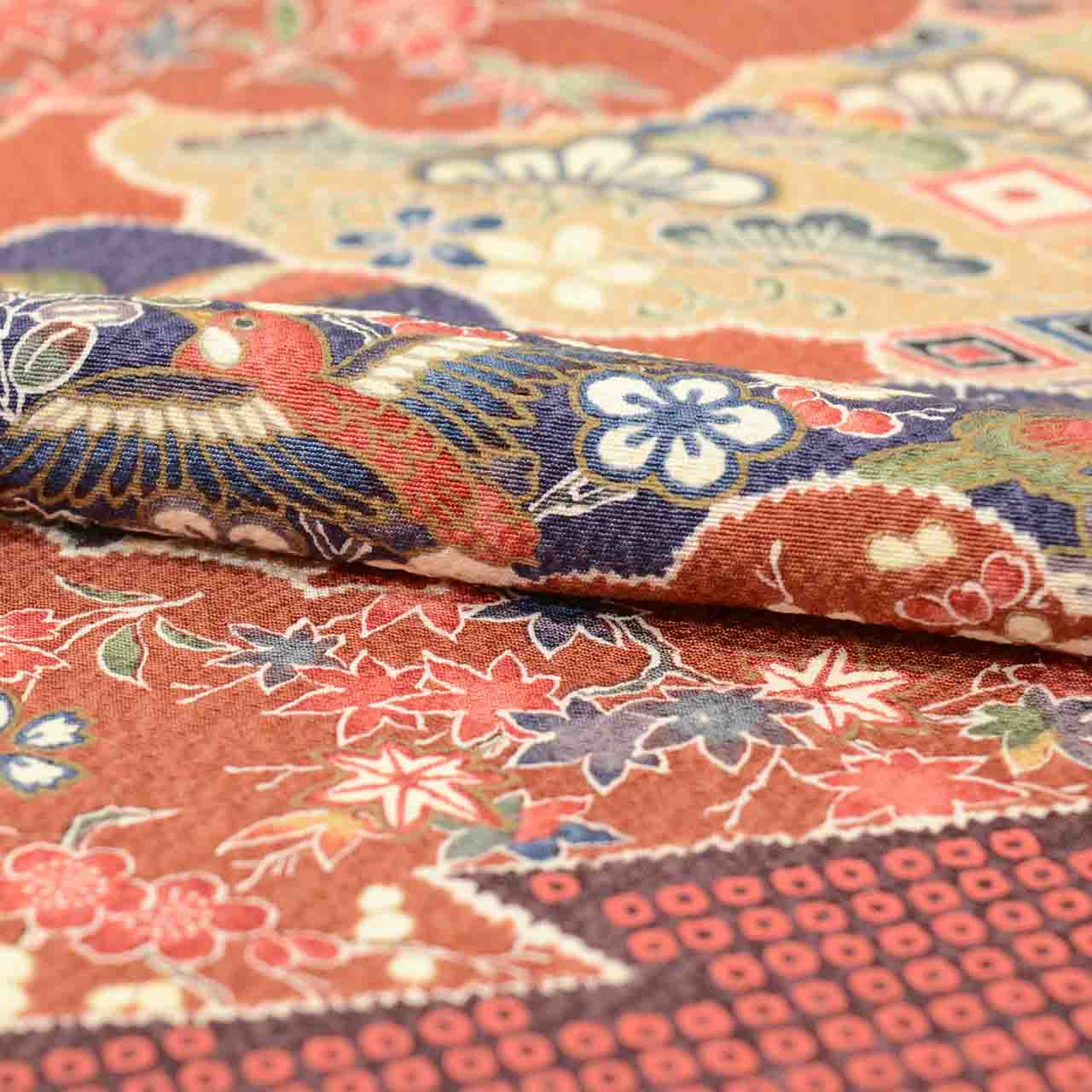 Vintage Japanese Kimono Accessories | Kimono Bolt | Brown Silk | Cloud Floral Bird | Tango Chirimen | Komon | Sustainable | kkb4316b