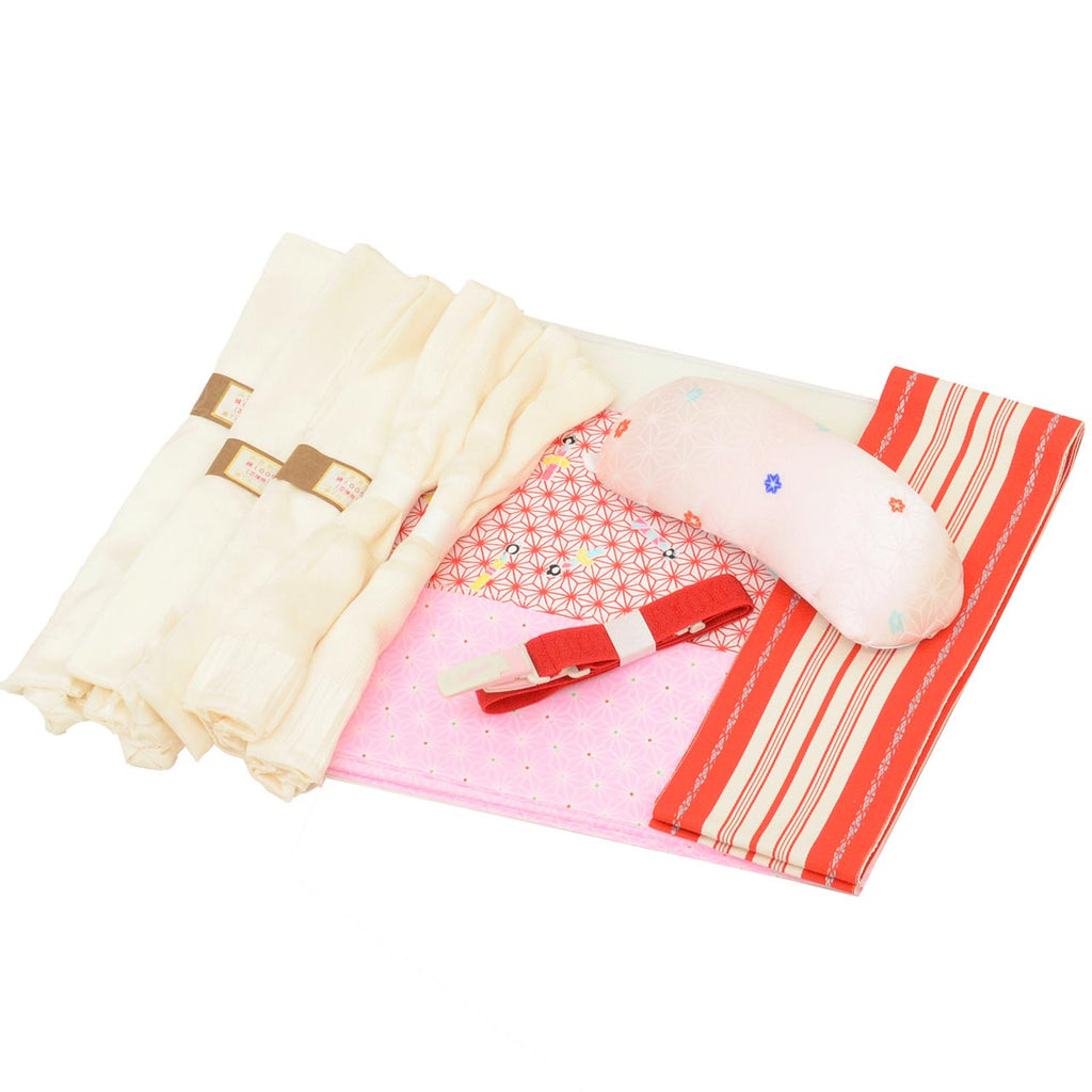 Vintage Japanese Kimono Accessories | Dressing Accessories Set | Red | Hemp Leaf | 11-piece | Sustainable | kkb4361b