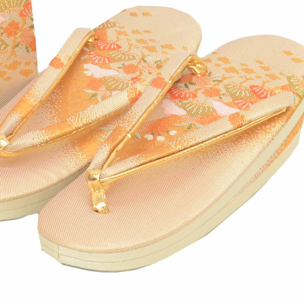 Vintage Japanese Kimono Accessories | Zori & Bag Set | Gold | Pine Pattern | Obi Fabric | 3-layer Sole | Formal | Sustainable | kkb4368b