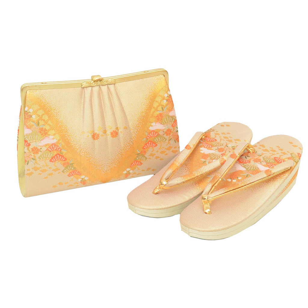 Vintage Japanese Kimono Accessories | Zori & Bag Set | Gold | Pine Pattern | Obi Fabric | 3-layer Sole | Formal | Sustainable | kkb4368b