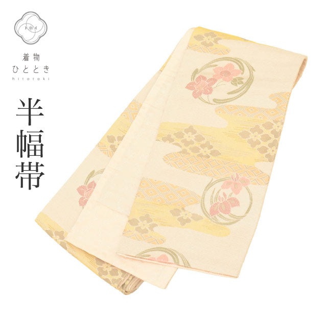 【中古】 半幅帯 リサイクル 中古 帯 化繊 洗える 良品 ヱ霞 花 仕立て上がり 全通柄 カジュアル 浴衣 紬 小紋 花火大会 お祭り お正月 食事会 踊り 着物 kimono リユース kkb4382b