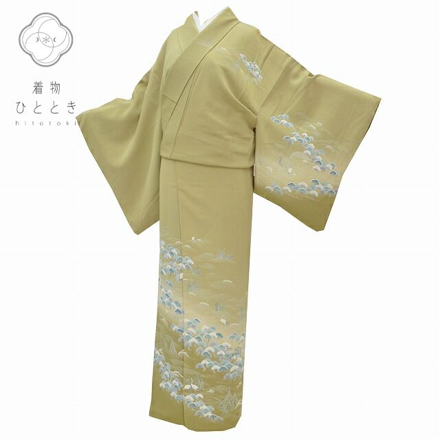 訪問着 リサイクル 着物 中古 身丈162cm 裄丈67.2cm 正絹 仕立て上がり 紋付 袷 L L 緑色系 風景文様 【 和服 入学式 卒業式 お茶会 お茶席 茶道 結婚式 お宮参り 送料無料 アウトレット 】 pp0368b