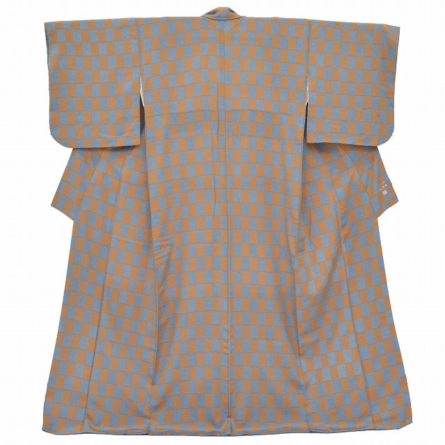 Recycled Kimono, Edo Komon style, Pure Silk, Ready-made, by Terayama Tsuneo, Sleeve length 67.0cm (26.4in) (L), Body length 165.0cm (65.0in) (L), Slightly plump (L), Blue, Checkered pattern, Excellent condition ★★★★ pp0553b [Used] 