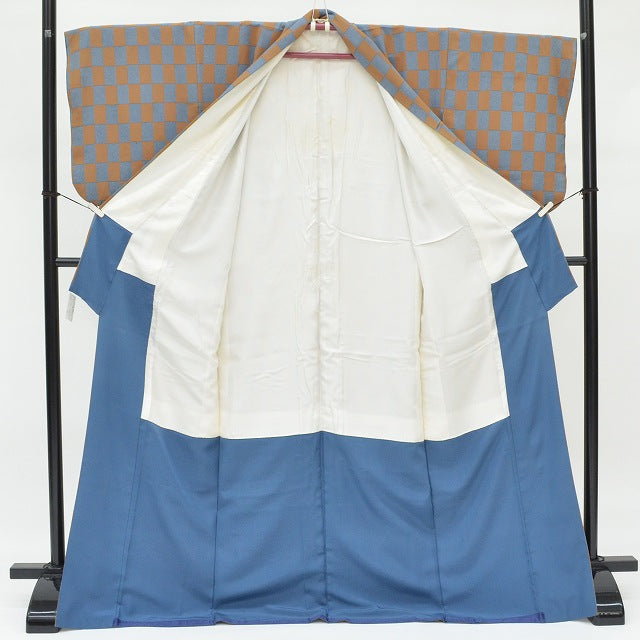 Recycled Kimono, Edo Komon style, Pure Silk, Ready-made, by Terayama Tsuneo, Sleeve length 67.0cm (26.4in) (L), Body length 165.0cm (65.0in) (L), Slightly plump (L), Blue, Checkered pattern, Excellent condition ★★★★ pp0553b [Used] 