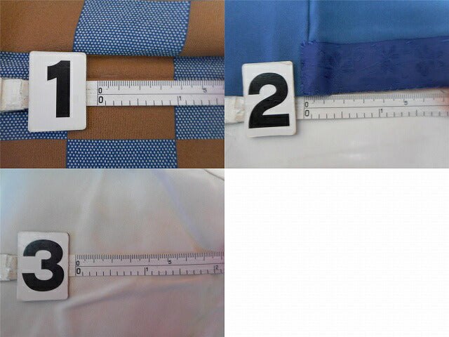 Recycled Kimono, Edo Komon style, Pure Silk, Ready-made, by Terayama Tsuneo, Sleeve length 67.0cm (26.4in) (L), Body length 165.0cm (65.0in) (L), Slightly plump (L), Blue, Checkered pattern, Excellent condition ★★★★ pp0553b [Used] 