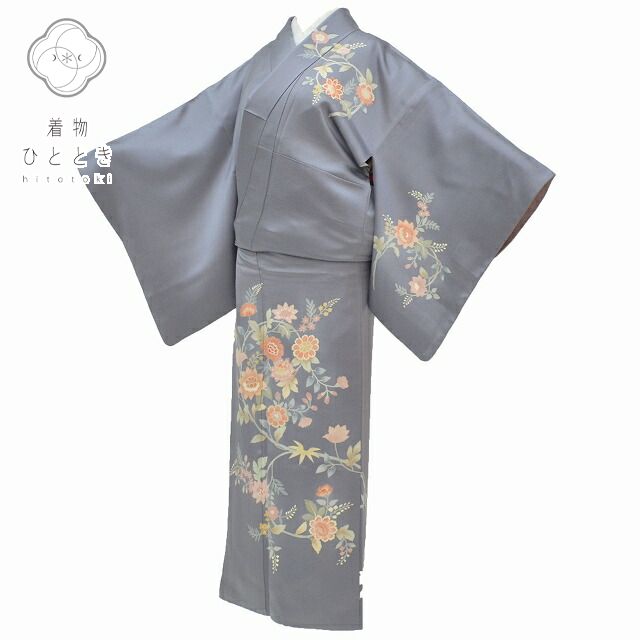 【中古】 訪問着 リサイクル 着物 付下げ 正絹 仕立て上がり 紋付 袷 裄65cm Mサイズ 身丈154.5cm Sサイズ グレー系 四季花文様 【 和服 入学式 卒業式 入園 お茶会 お茶席 茶道 結婚式 お宮参り 送料無料 アウトレット 】 pp0593b