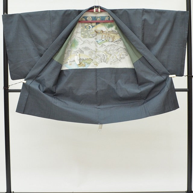 [Used] Recycled Kimono Ensemble, Men's Oshima Tsumugi Silk Kimono and Haori, with Certificate of Authenticity, Brown and Blue, Excellent Quality ★★★★★ [Kimono, Used, Obi, Recycled, Furisode, Yukata, Hakama, Japanese Clothing, Vintage Clothing] pp1180b 