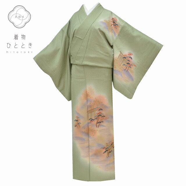 訪問着 リサイクル 着物 中古 身丈156cm 裄丈64cm 正絹 仕立て上がり 袷 M 緑色系 松 風景文様 【 和服 入学式 卒業式 お茶会 お茶席 茶道 結婚式 お宮参り 送料無料 アウトレット 】 pp1258b