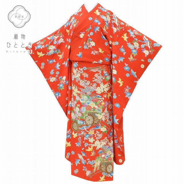 【中古】 リサイクル着物 身丈158cm 裄丈63.5cm ビンテージ振袖 ヴィンテージ 振袖 正絹 単品 成人式 金駒刺繍 結婚式 M M 赤色系 鳥 御所車文様 特品 着物 中古 帯 リサイクル