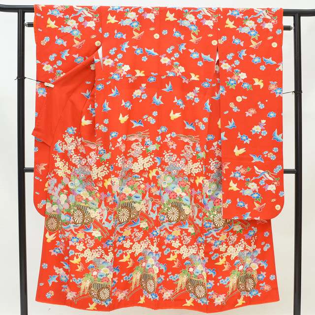 [Used] Recycled Kimono, Length 158cm, Sleeve Length 63.5cm, Vintage Furisode, Pure Silk, Single Item, Coming-of-Age Ceremony, Gold Embroidery, Wedding, MM, Red, Bird and Imperial Carriage Pattern, Special Item, Used Kimono, Obi (Sash), Recycled 