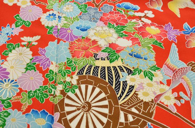 [Used] Recycled Kimono, Length 158cm, Sleeve Length 63.5cm, Vintage Furisode, Pure Silk, Single Item, Coming-of-Age Ceremony, Gold Embroidery, Wedding, MM, Red, Bird and Imperial Carriage Pattern, Special Item, Used Kimono, Obi (Sash), Recycled 