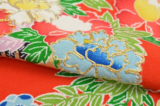 [Used] Recycled Kimono, Length 158cm, Sleeve Length 63.5cm, Vintage Furisode, Pure Silk, Single Item, Coming-of-Age Ceremony, Gold Embroidery, Wedding, MM, Red, Bird and Imperial Carriage Pattern, Special Item, Used Kimono, Obi (Sash), Recycled 