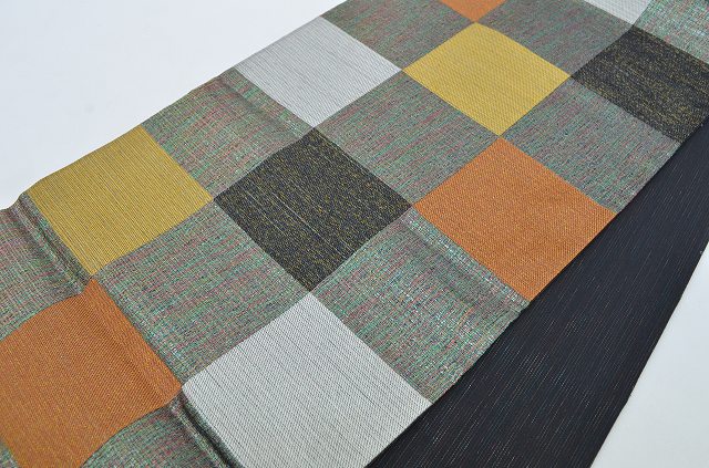 Vintage Japanese Obi | Sha-re Fukuro Obi | Black Green Mixed Weave | Checkerboard | Full-length | Excellent | Sustainable | qq1816b