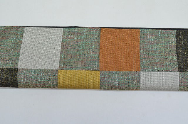 Vintage Japanese Obi | Sha-re Fukuro Obi | Black Green Mixed Weave | Checkerboard | Full-length | Excellent | Sustainable | qq1816b