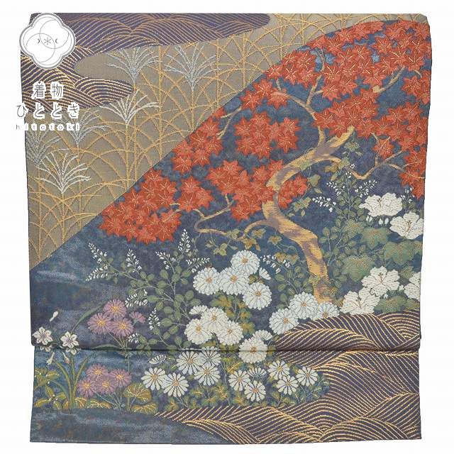 袋帯 正絹 紫色系 四季花文様 qq1917b