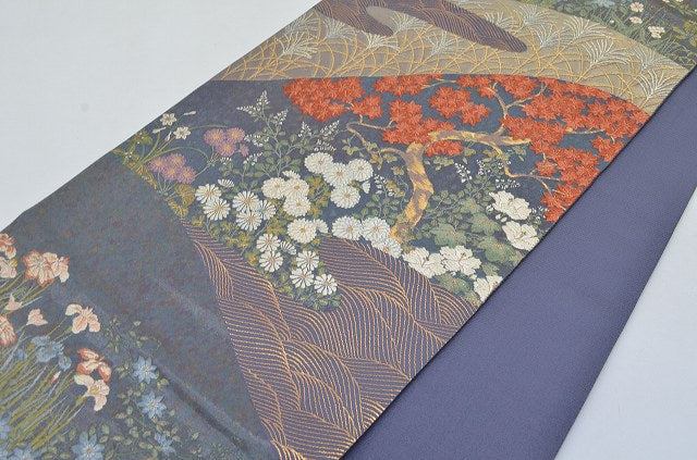 Vintage Japanese Obi | Fukuro Obi | Purple Silk | Four-season Floral | Six-width | Excellent | Sustainable | qq1917b