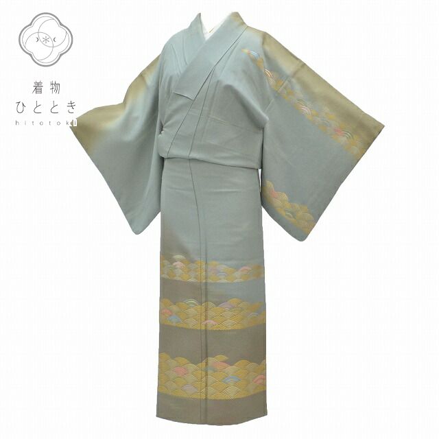 訪問着 身丈154.8cm 裄丈62.7cm 正絹 S 緑色系 青海波文様 qq1934b