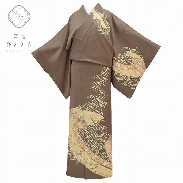 訪問着 身丈164cm 裄丈63.8cm 正絹 L 茶色系 波に花唐草文様 qq1949b