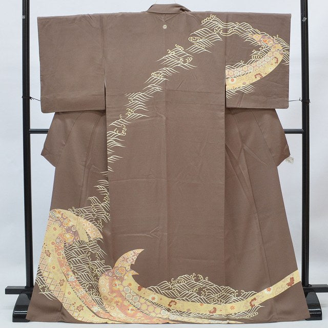 Vintage Japanese Kimono | Houmongi | Brown Silk | Wave Floral Arabesque | One Crest | Size L | Sustainable | qq1949b