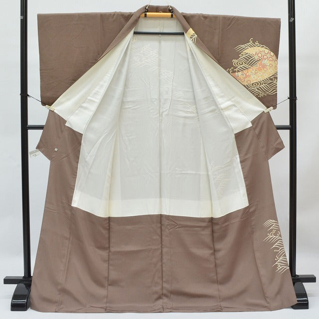 Vintage Japanese Kimono | Houmongi | Brown Silk | Wave Floral Arabesque | One Crest | Size L | Sustainable | qq1949b