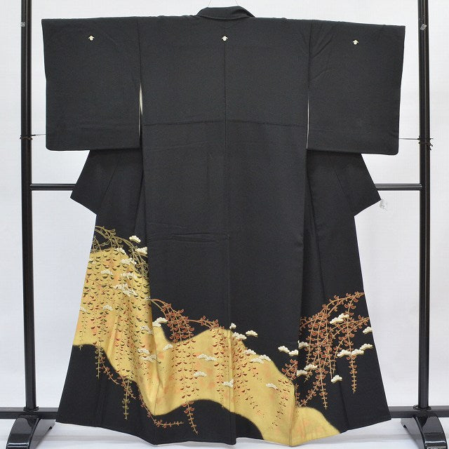 Vintage Japanese Kimono | Kuro-Tomesode | Black Silk Crepe | Pine Pattern | Five Crests | Hikae | Petite Size S | Sustainable | qq1996b