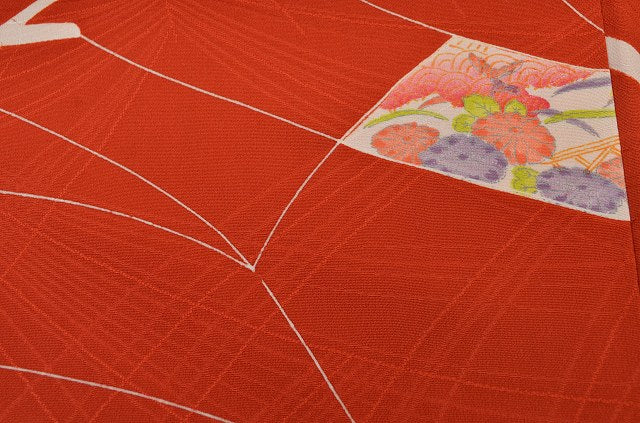 Vintage Japanese Kimono | Komon | Orange Silk Crepe | Floral | Retro | Petite Size S | Sustainable | qq2186b