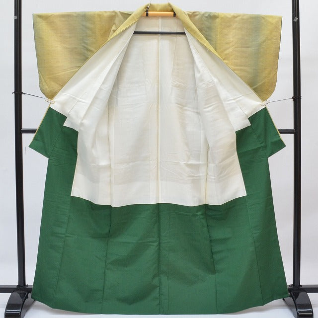 Vintage Japanese Kimono | Tsumugi | Yellow Green Silk | Bokashi Stripe | Size M | Sustainable | qq2218b